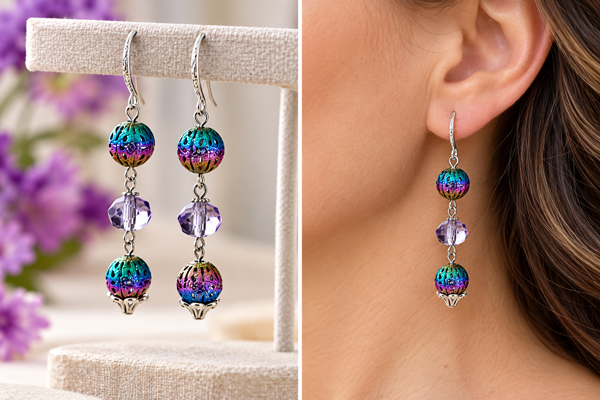Rainbow ion plating earrings with lavender crystal beads hanging from a branch