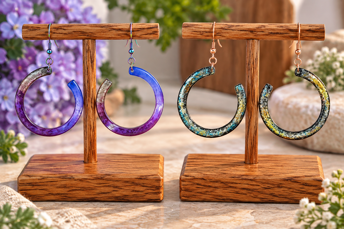 Two pairs of handmade resin hoop earrings in purple and teal on wooden display stands