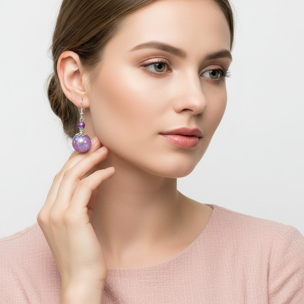 Mini Glass Globe Resin Earrings - Pink Silver Handcrafted Dangle Earrings