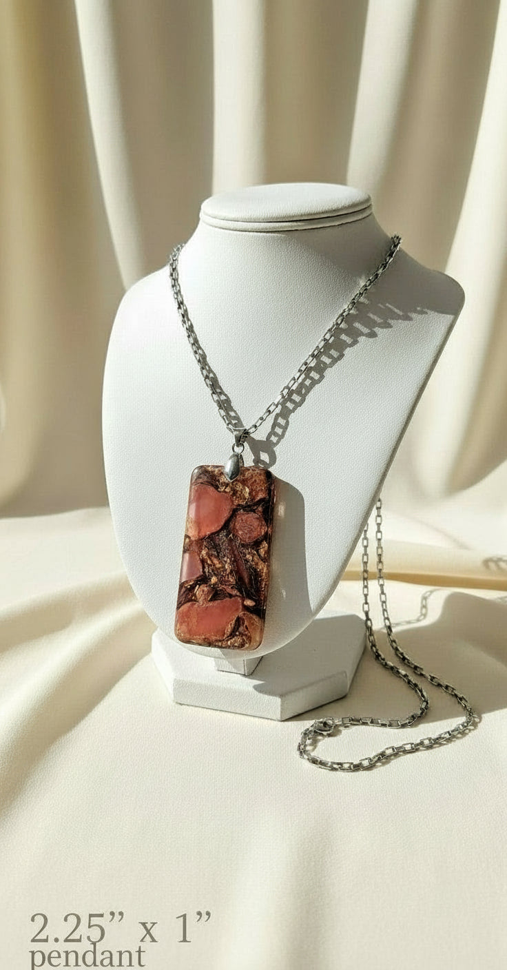 Red stone & gold foil Resin pendant necklace Silver titanium chain 23"