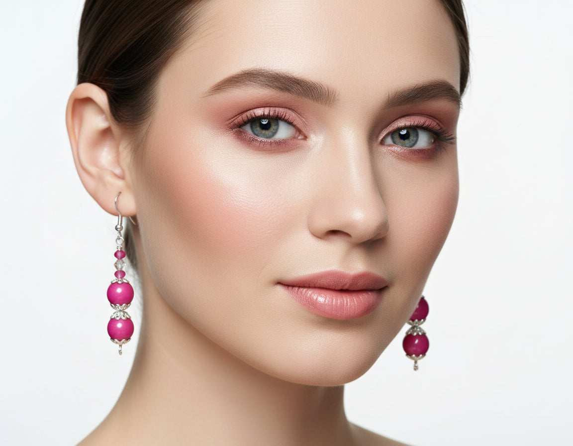 Candy Pink Beaded Earrings - Silver Plated Glass Bead Dangle Earrings