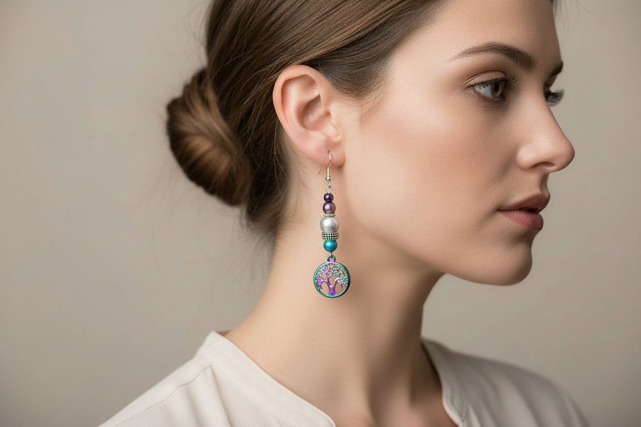 Rainbow Tree of Life Earrings with Czech Glass Beads 2.5inches