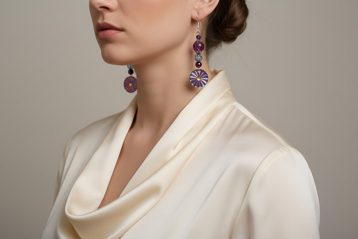 Rainbow Starburst Dangle Earrings - Glass Beads & Purple Hematite