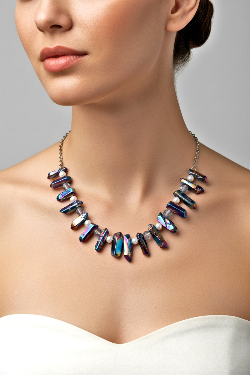 Rainbow Titanium Crystal Necklace - 23" Silver Chain with Glass Pearls