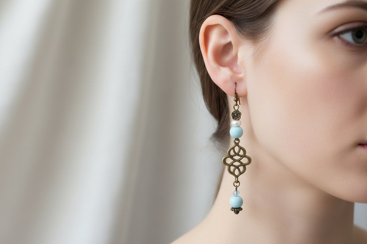 Boho Blue Teal Earrings - Antique Bronze Dangle Earrings 3 Inches