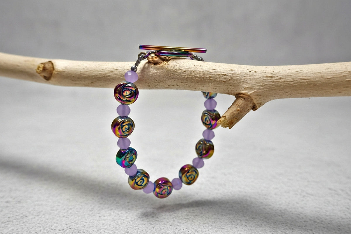 Rainbow lavender toggle bracelet with iridescent flower beads and lavender accents