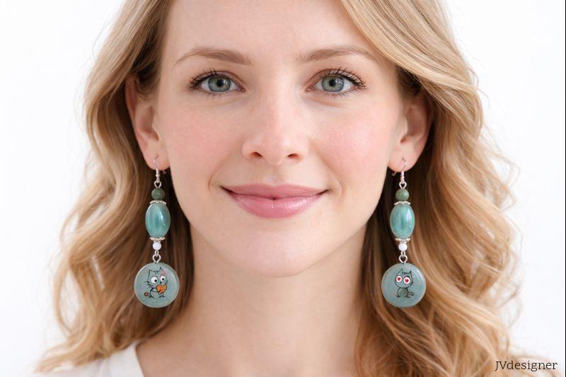 Handmade Cat Dangle Earrings, Teal Glass Beads, Cute Kitty Charm, Silver Plated Hooks, Cat Lover Jewelry