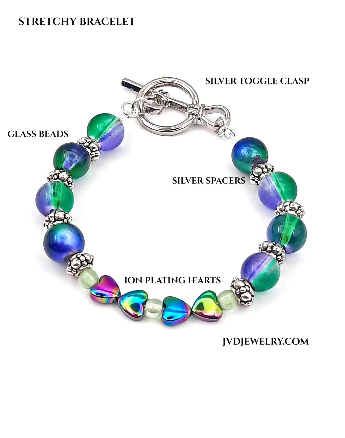Peacock glass bead ion plating hearts bracelet