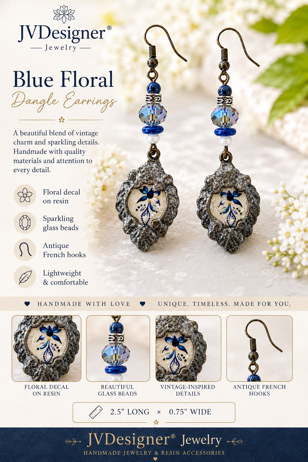 Blue floral dangle earrings by JVDesigner Jewelry, featuring blue glass beads, floral decals on resin, and antique-style French hook findings, shown on a styled white background with product details and dimensions below.