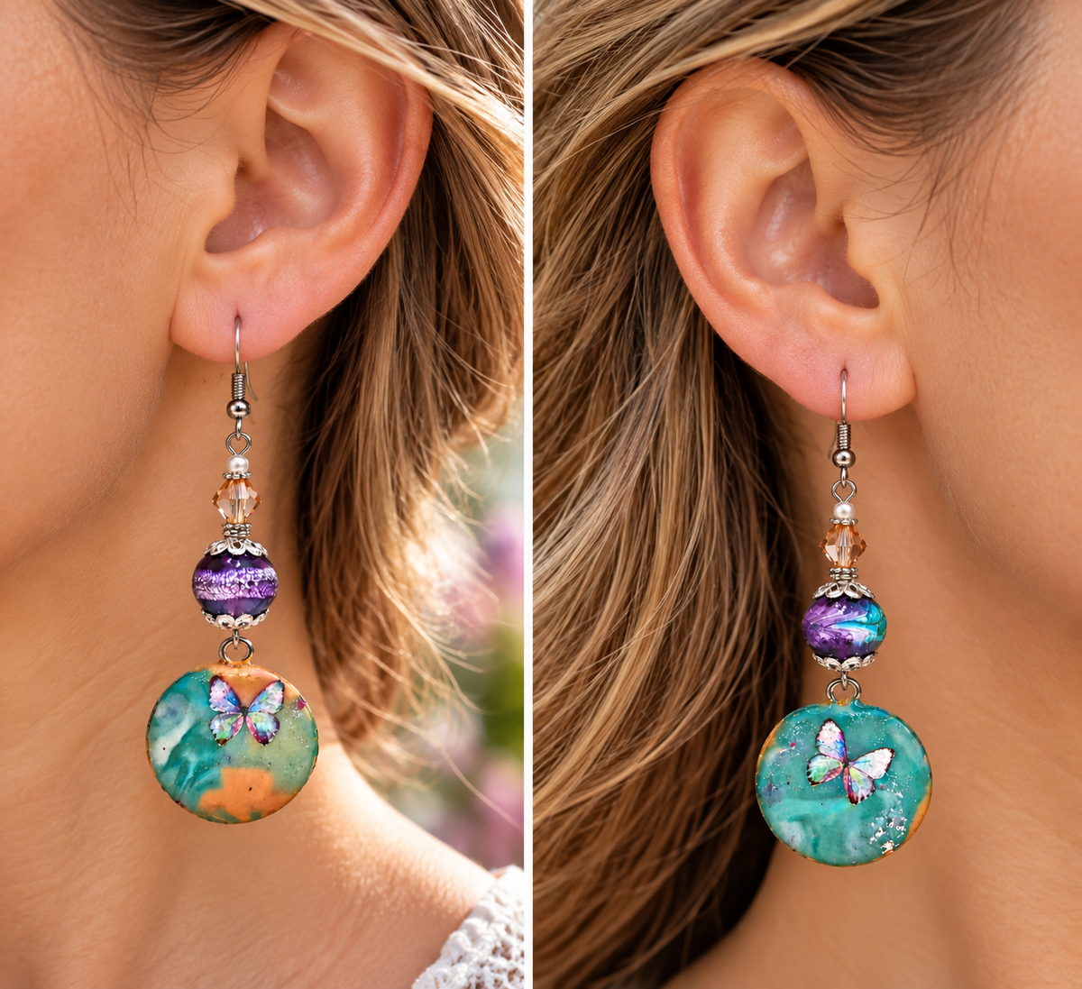A side-by-side close-up of a woman's ear wearing two matching dangling earrings. The earrings have silver hooks, small clear beads, a purple iridescent bead, and a round turquoise and teal disc charm with a butterfly motif.