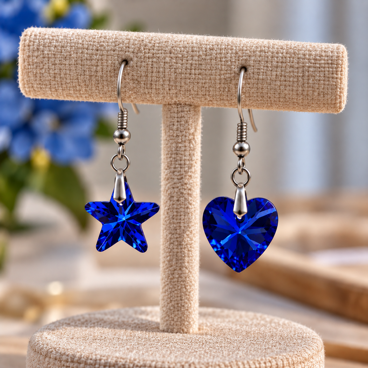 A pair of dangling earrings displayed on a beige fabric jewelry stand. One earring is a faceted blue star shape and the other is a matching blue heart shape, both hanging from silver-toned hooks.