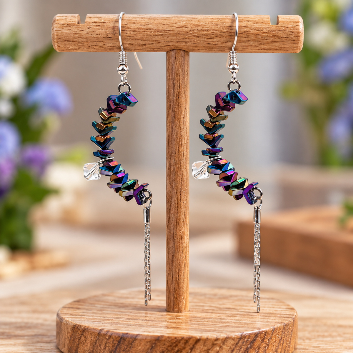 A pair of dangling earrings displayed on a wooden stand. Each earring has a silver fishhook, a cluster of iridescent blue-purple metallic beads, a small clear faceted bead, and a silver chain dangle.