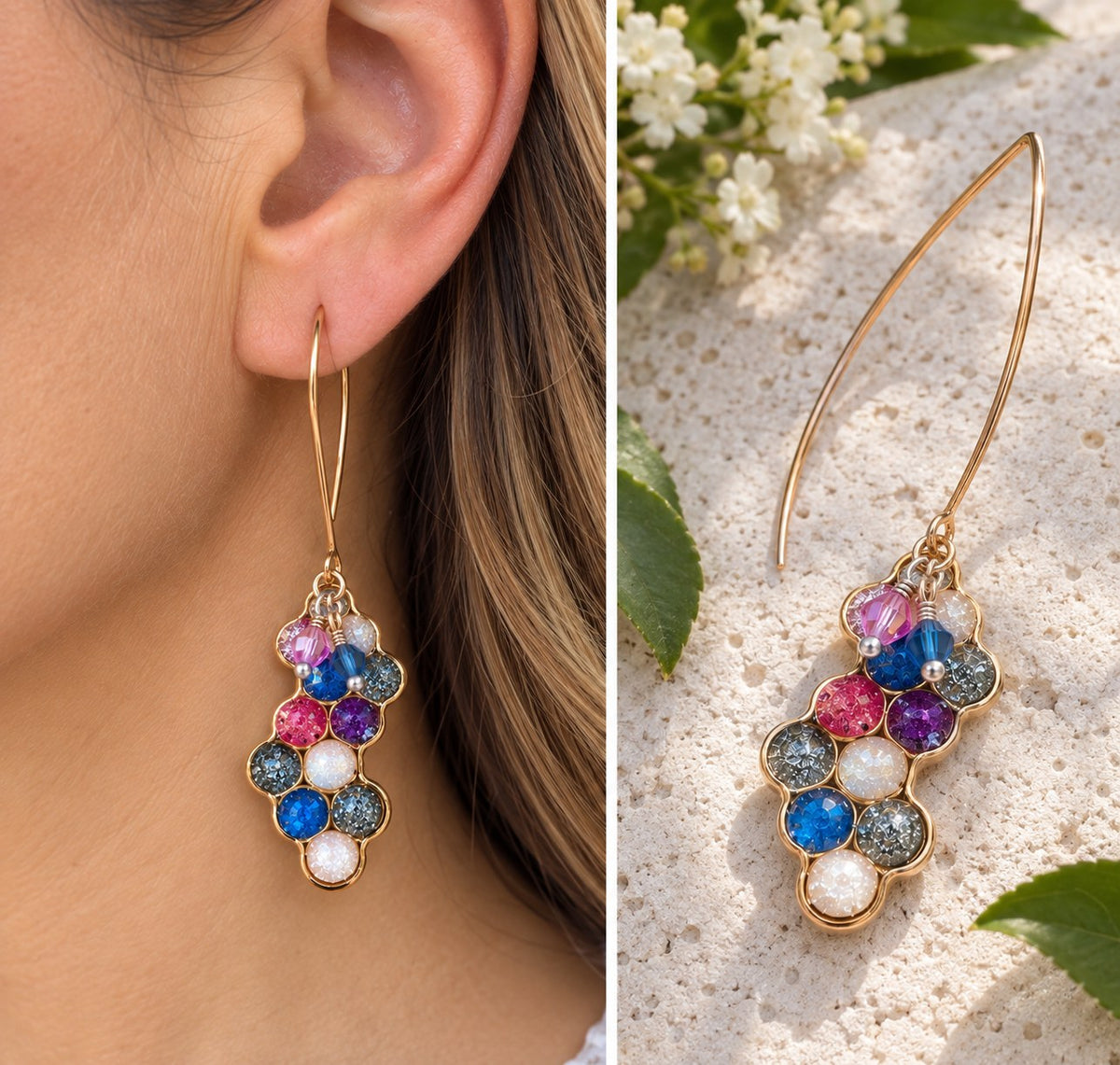 V-shaped honeycomb earrings with colorful pink, blue, purple and white resin stones