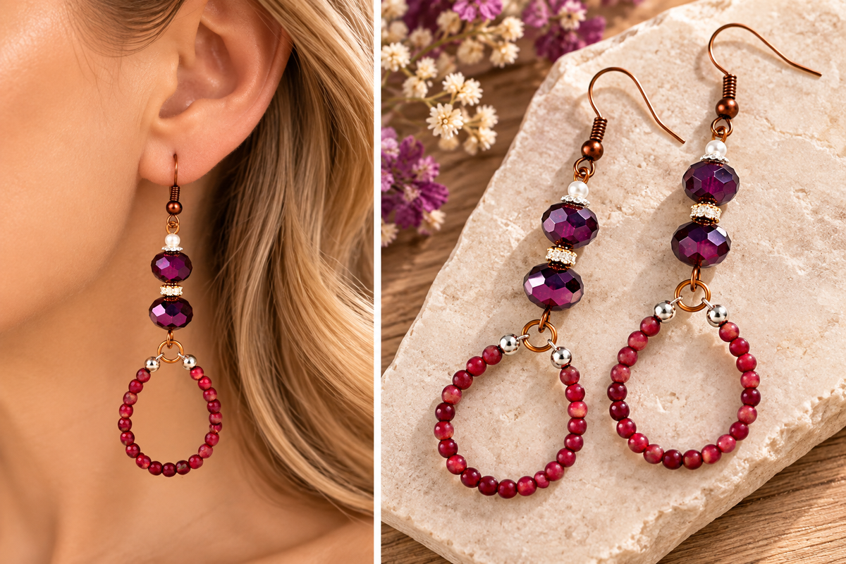 Pendientes colgantes de lágrima de cristal morado – Pendientes colgantes de cobre con cuentas hechos a mano