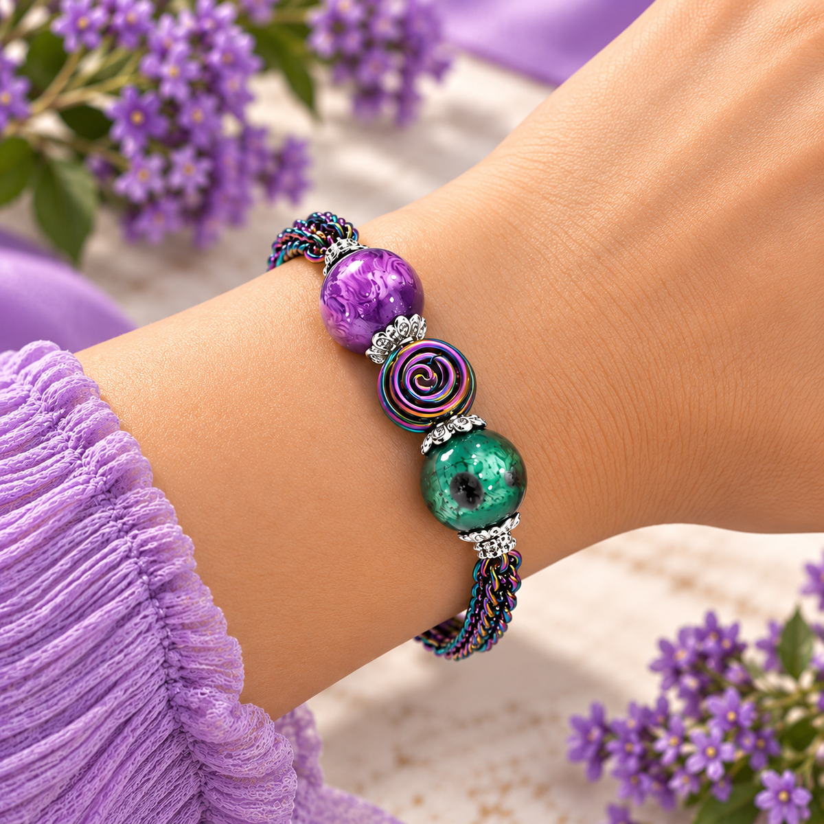 Bracelet fleur plaqué ionique perlé arc-en-ciel - Bijoux en verre filé au chalumeau