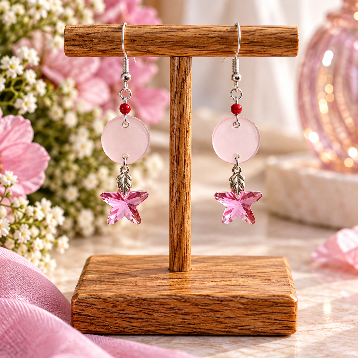 Iridescent pink crystal star earrings on wooden display stand with pink flowers