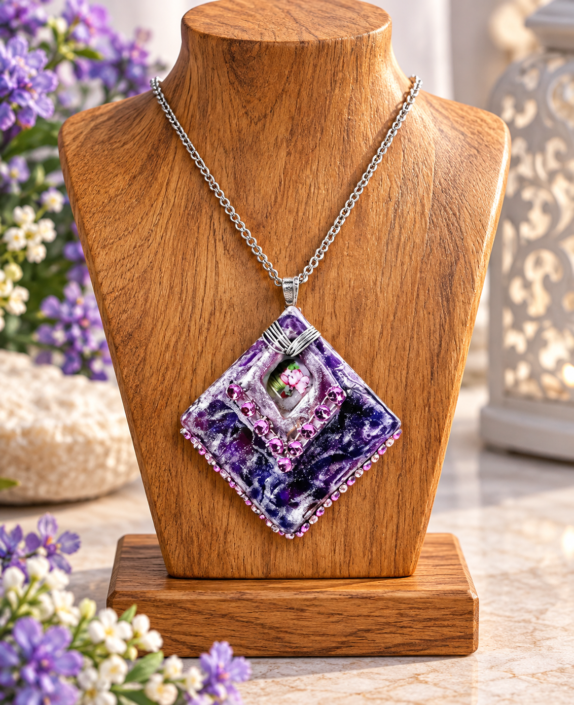 Purple resin flower necklace pendant on wooden bust display