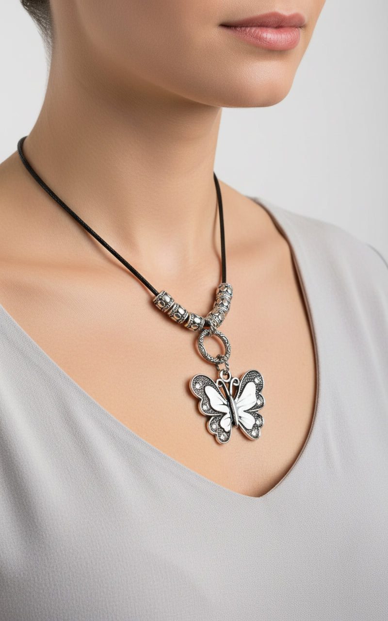 Black and white butterfly Necklace with silver beads unisex