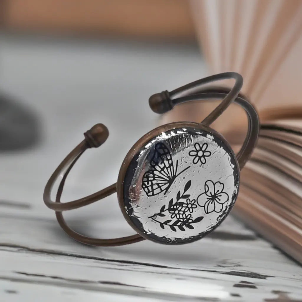 Adjustable Antique Bronze Bracelet - Handmade Resin Foil Rustic Jewelry