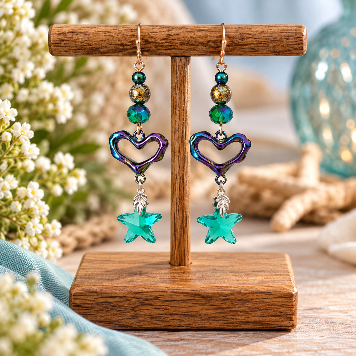 Peacock heart crystal star earrings in teal and purple on wooden display stand