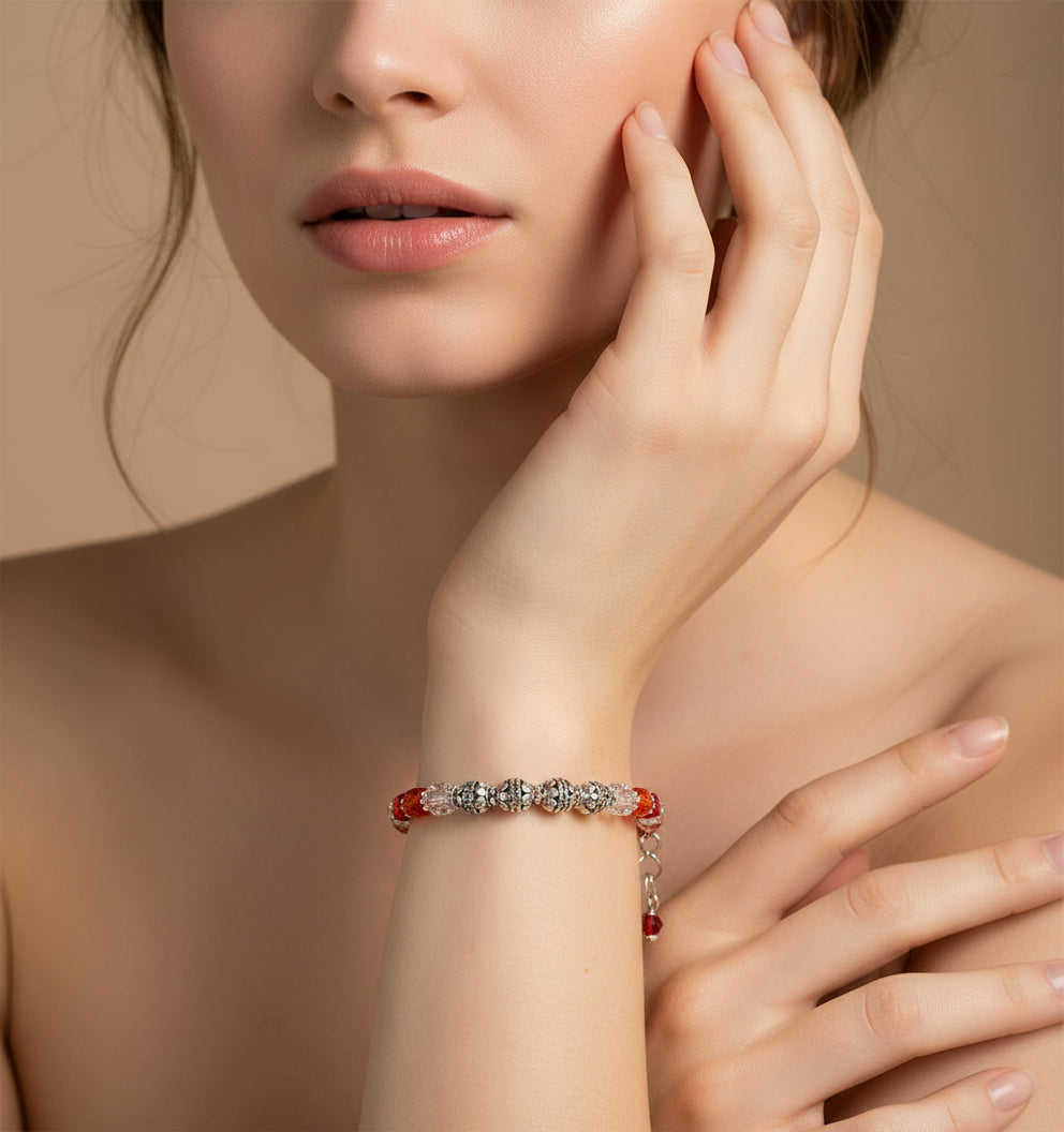 Vibrant Red & Orange Beaded Stretch Bracelet with Silver Accents