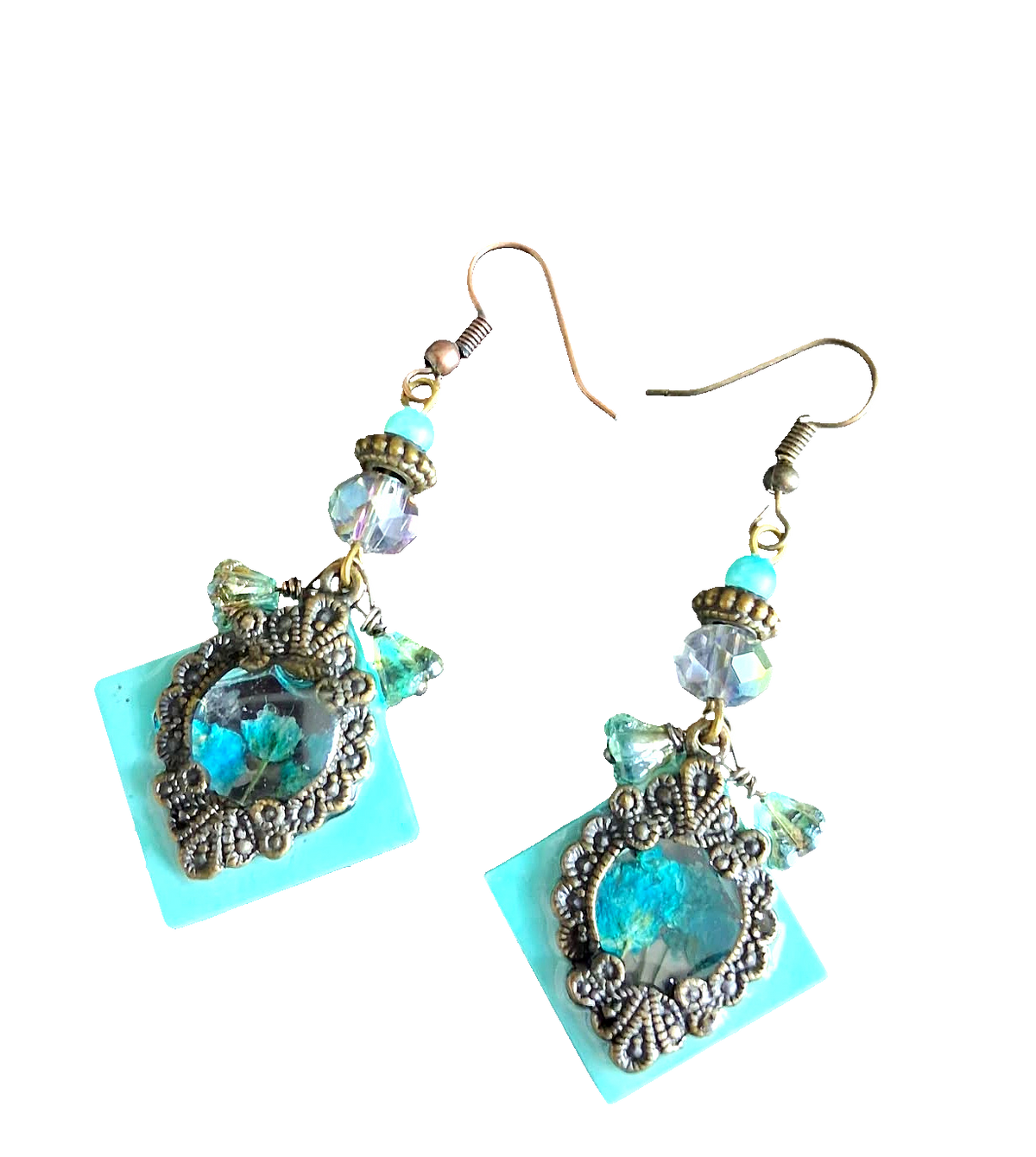 Antique Bronze Square Resin Earrings | Dried Flower | Czech Flower & Faceted Glass Beads | 2.5" | JVDesigner