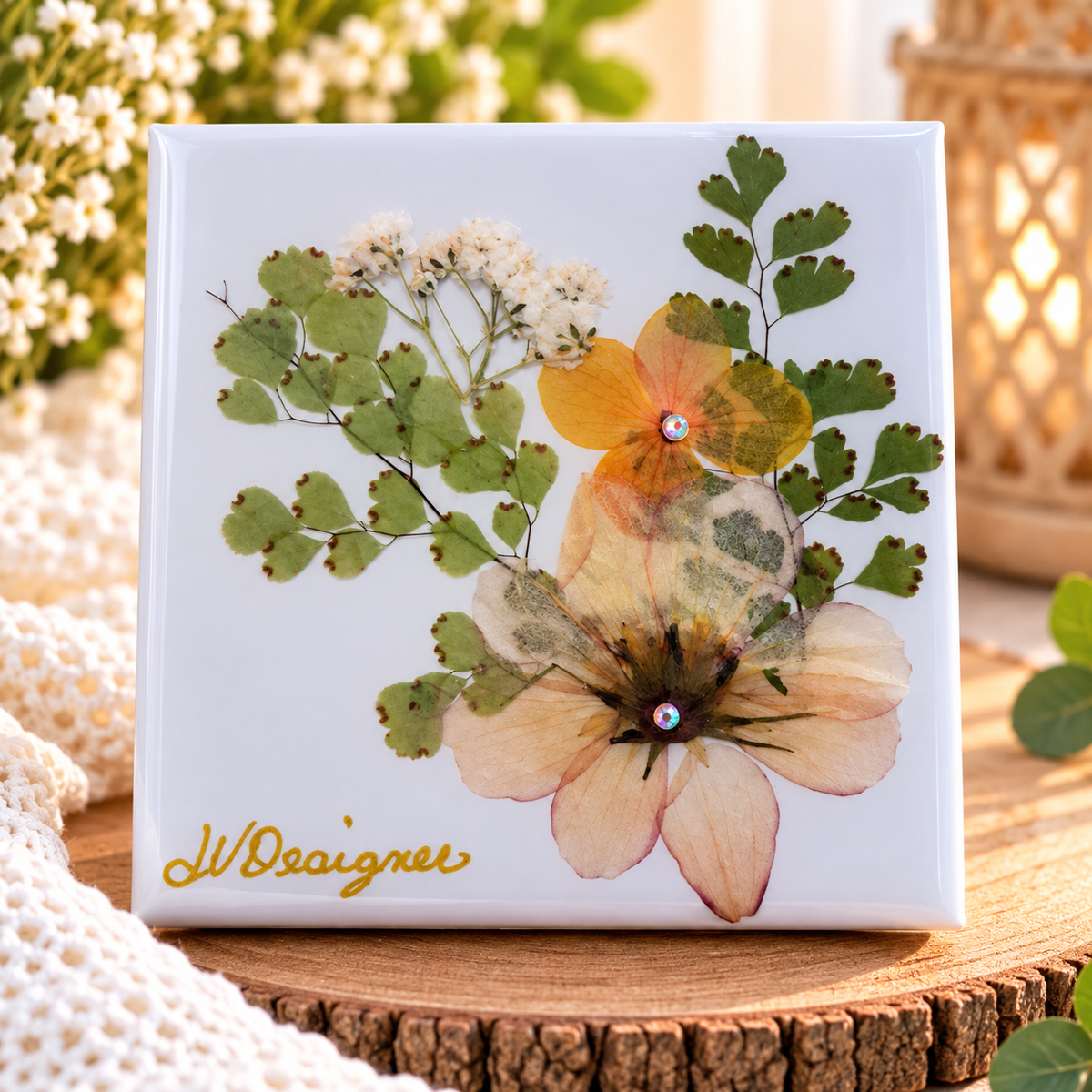 Handmade peach and orange dried flower gift box