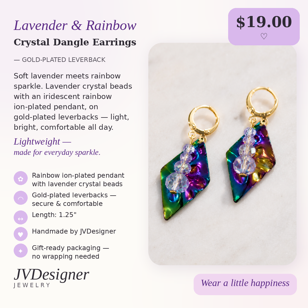 Lavender & Rainbow Crystal Dangle Earrings – Gold-Plated Leverback, 1.25"