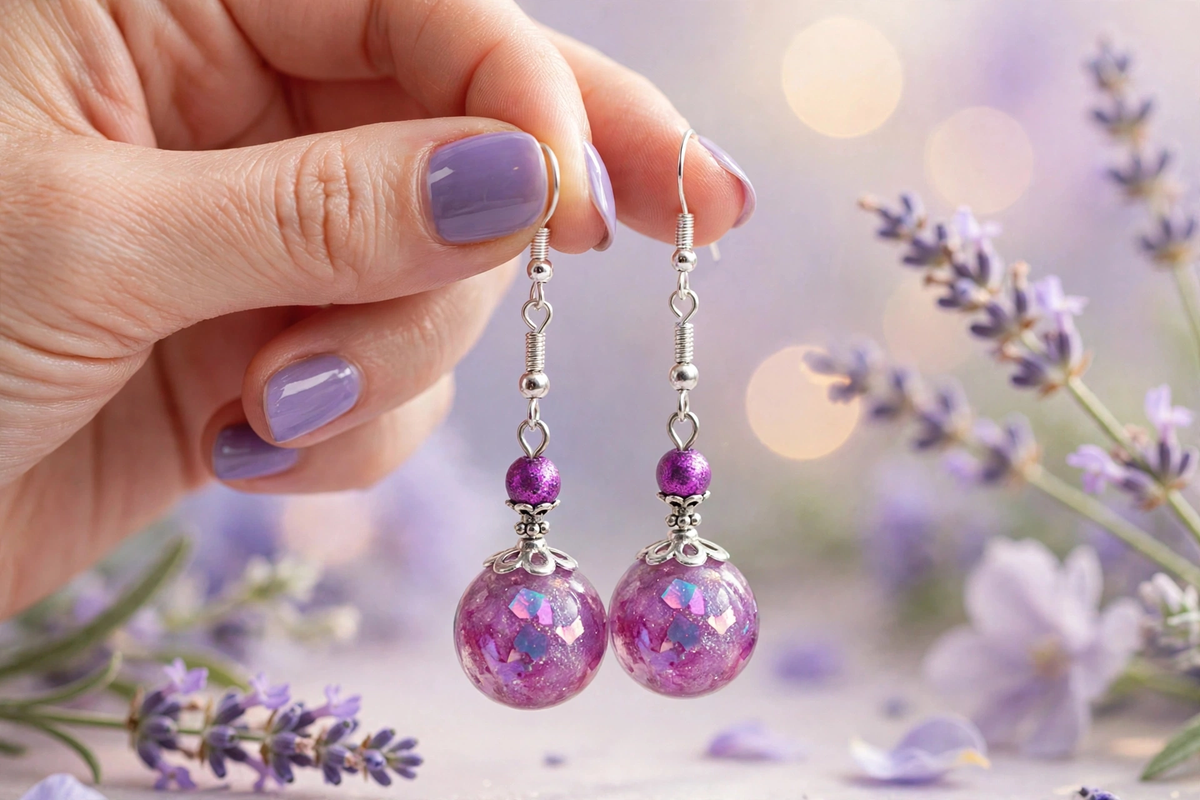 A close-up of a hand with lavender-painted nails holding a pair of dangling earrings. The earrings have silver fishhook wires, small purple beads, and faceted round purple beads filled with iridescent glitter.