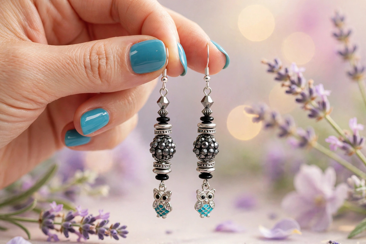 A close-up of a hand with teal nail polish holding a pair of dangling owl earrings. The earrings feature silver-toned metal, black beads, and turquoise-blue accents, set against a soft-focus background of lavender flowers and bokeh lights.
