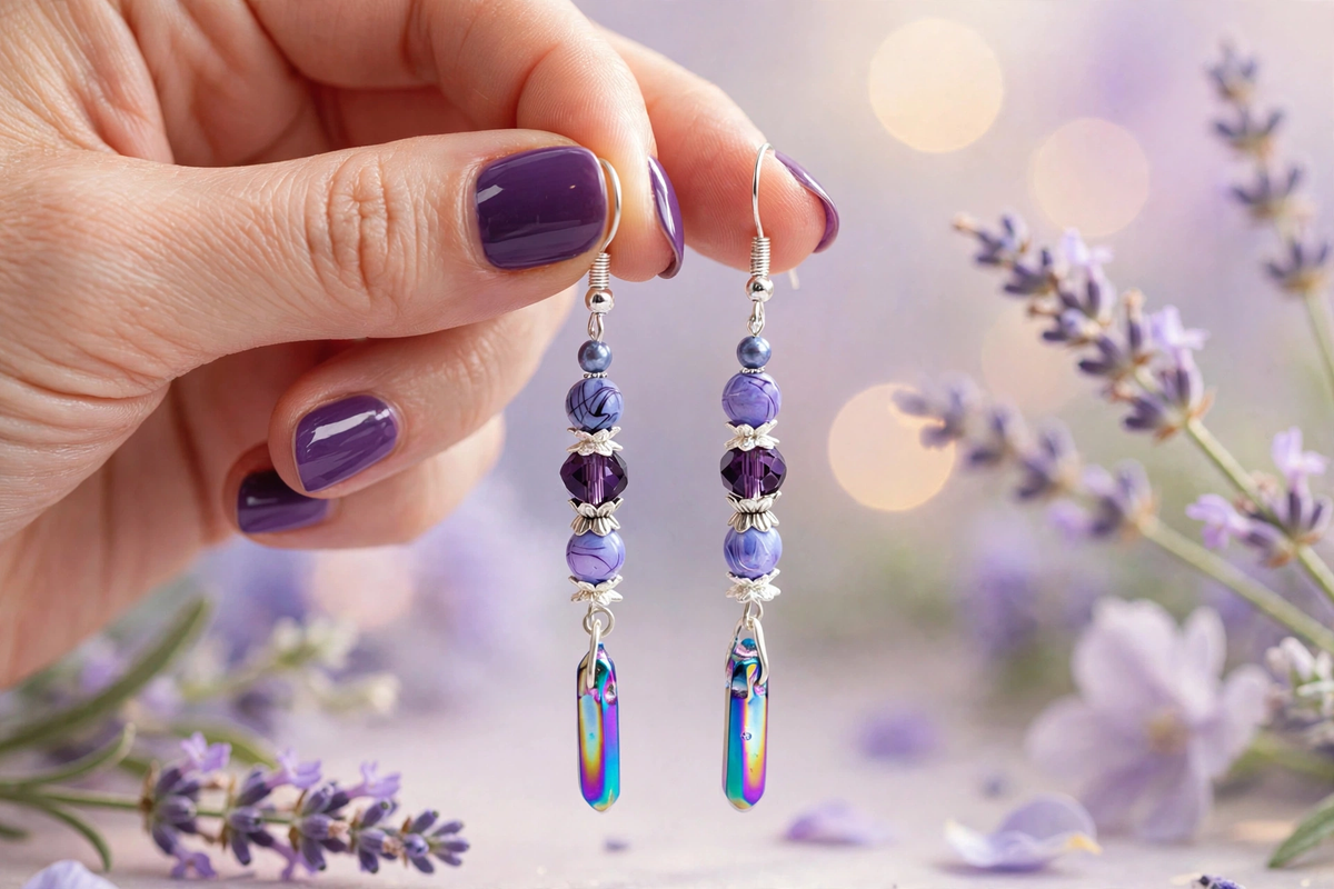 A close-up of a hand with purple nail polish holding a pair of dangling earrings with faceted purple beads and iridescent rectangular drops, set against a soft lavender floral background.