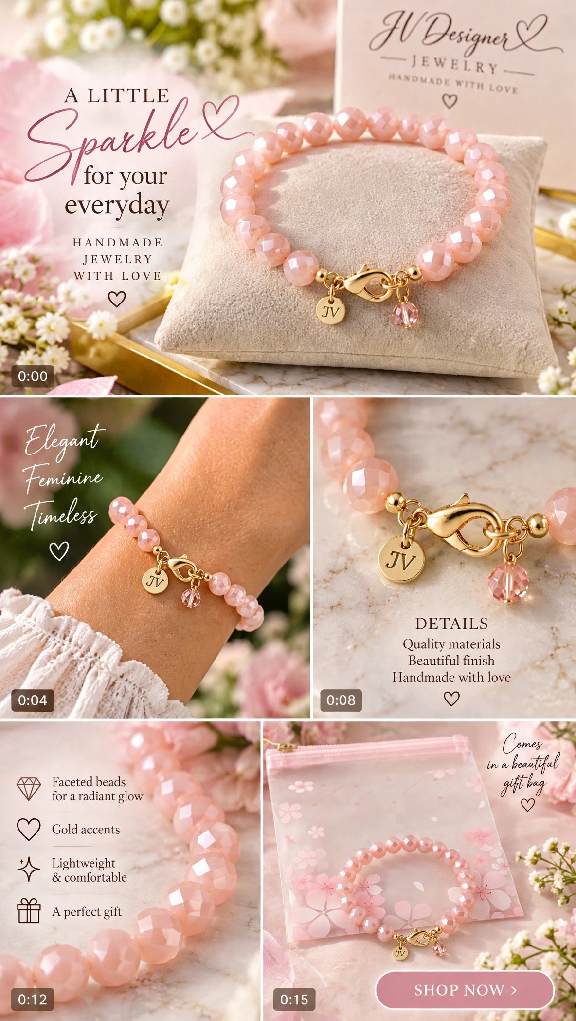 Pink crystal beaded bracelet with cherry blossom gift bag - beautiful gift-ready packaging