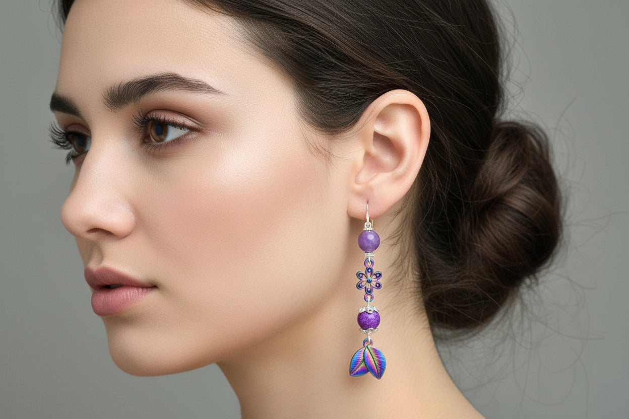 Rainbow Leaf Earrings - Stainless Steel Dangle Earrings with Glass Beads