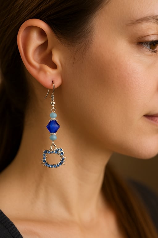 Cat Charm Earrings - Blue Gemstone Crystal Silver Plated Dangle Earrings