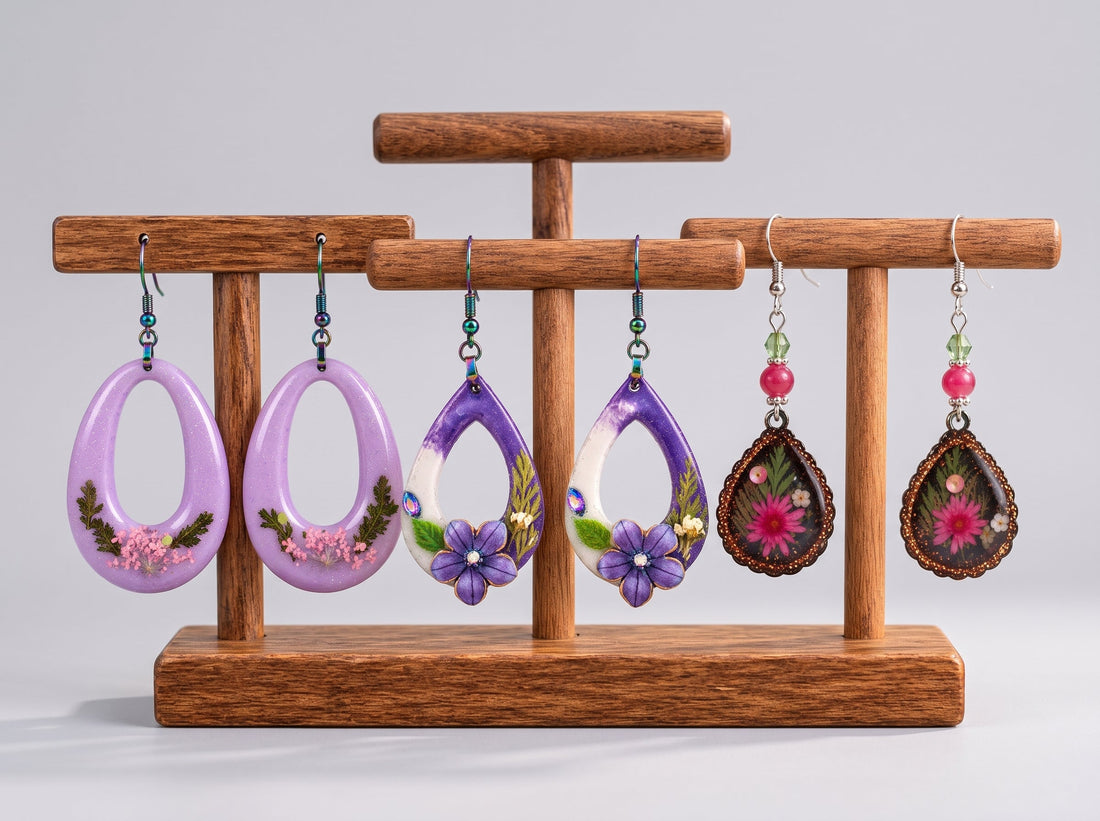 Three pairs of JVDesigner handmade earrings on display stands