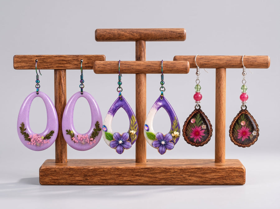 Three pairs of JVDesigner handmade earrings on display stands