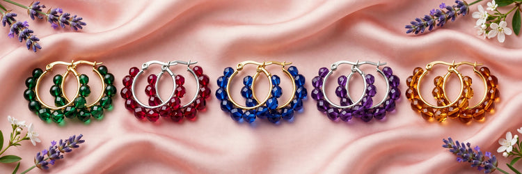 Handmade hoop earrings with jewel-tone glass beads