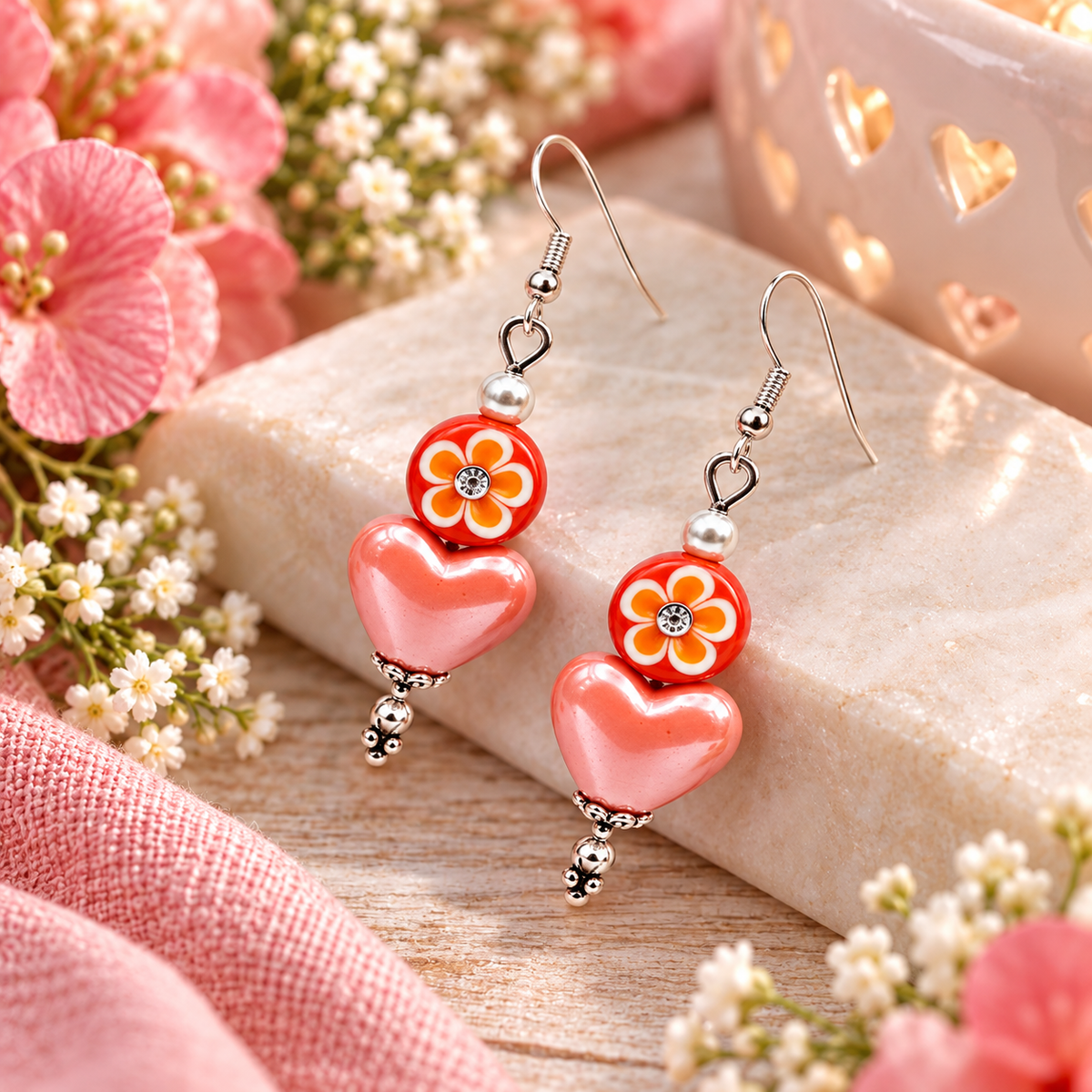 Peach Blossom Heart Earrings styled on marble with pink flowers