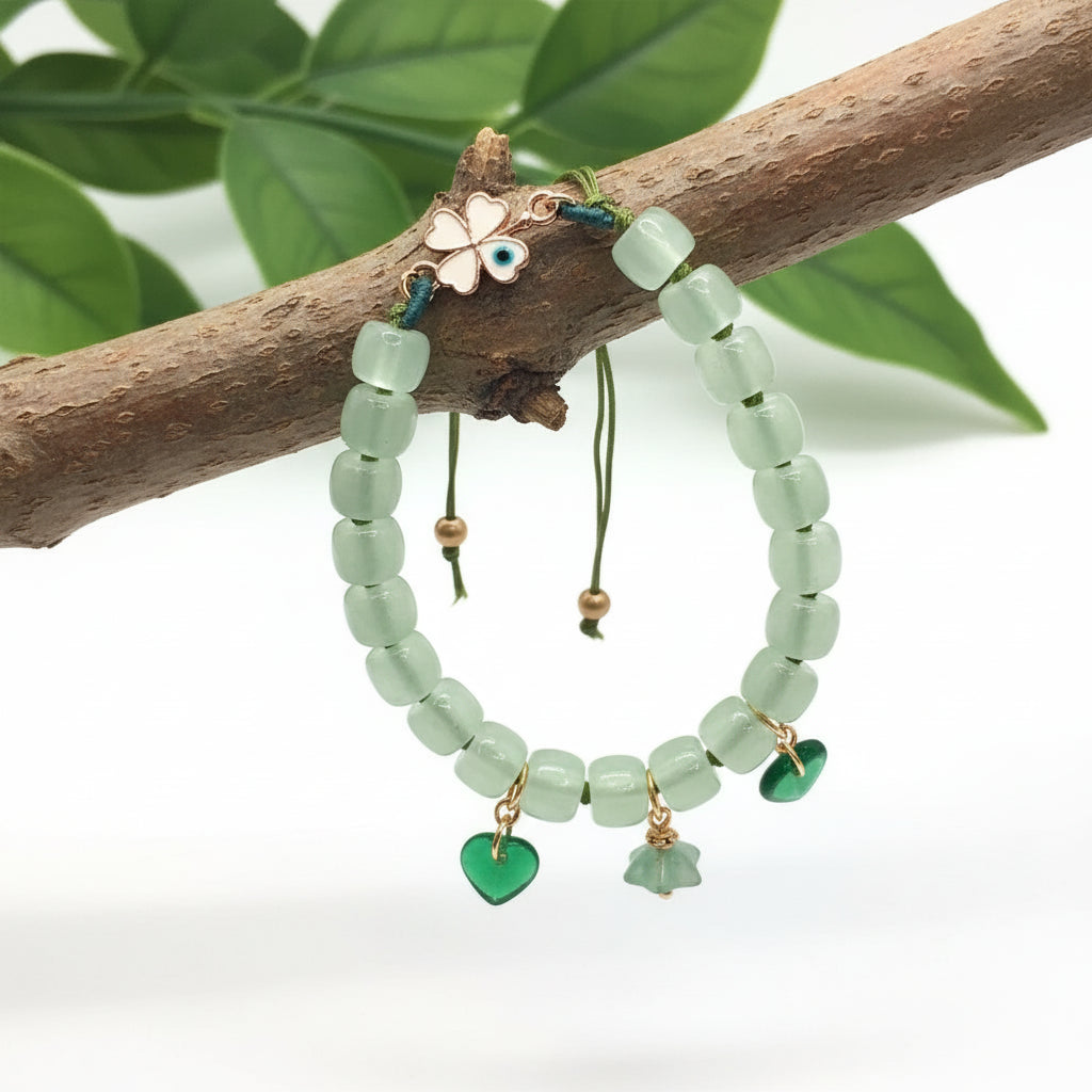 Minimalist Adjustable Green Bracelet with Protective Evil Eye