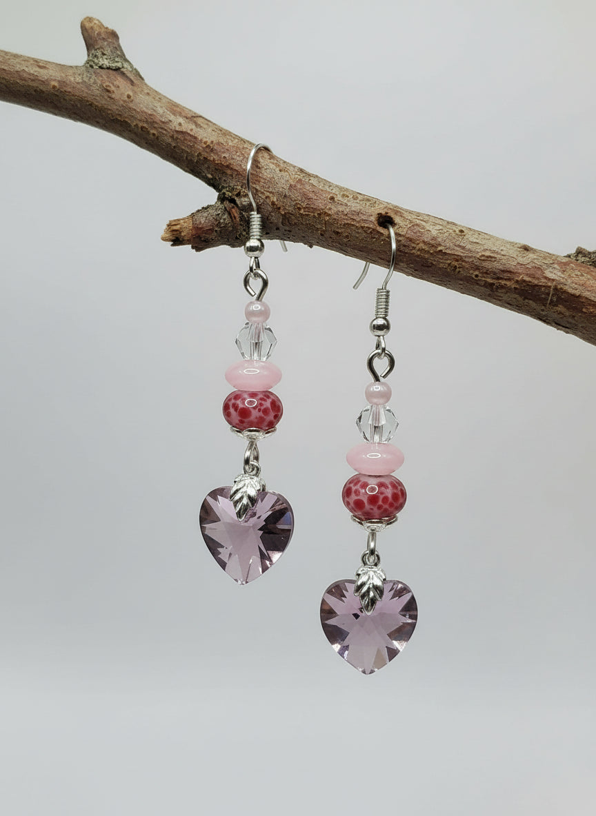 Pink Crystal Heart Earrings,mini lampwork for an Artist