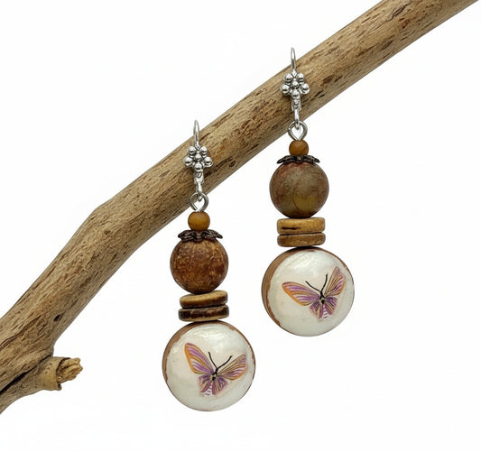 Short Wooden Frame Resin Butterfly earrings