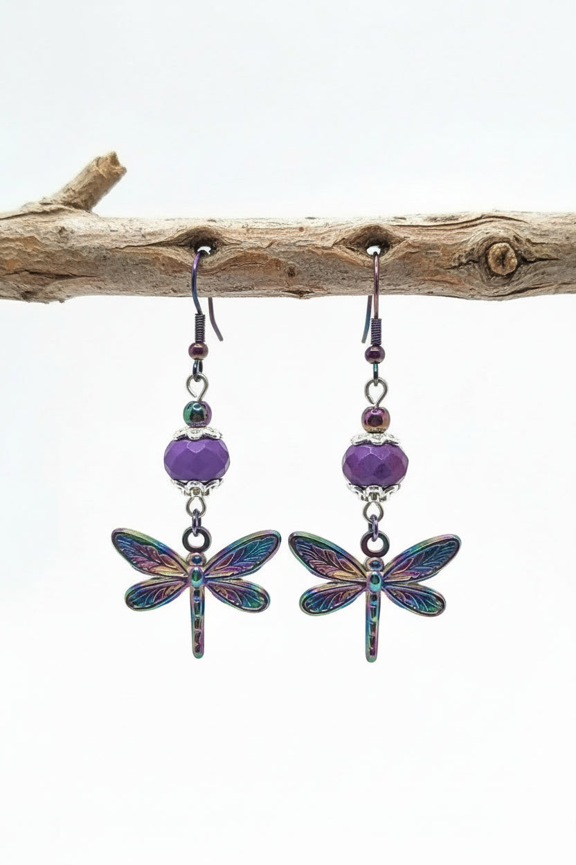 Ion plating dragonfly Earrings purple beads