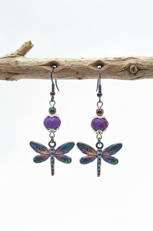 Ion plating dragonfly Earrings purple beads