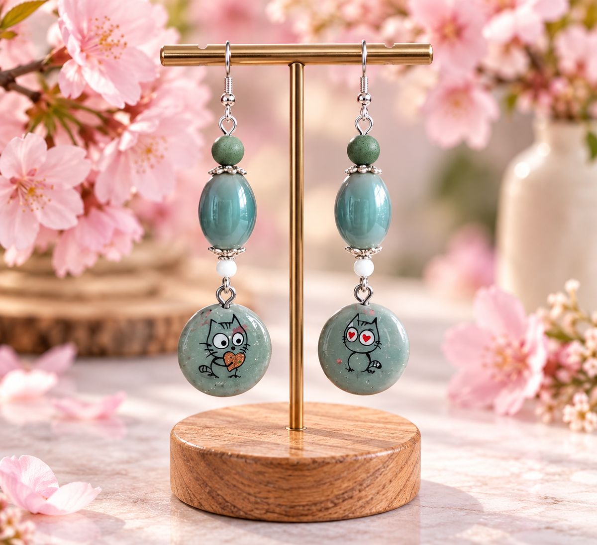 Kitty clay dangle earrings with teal beads and cat charms on a display stand