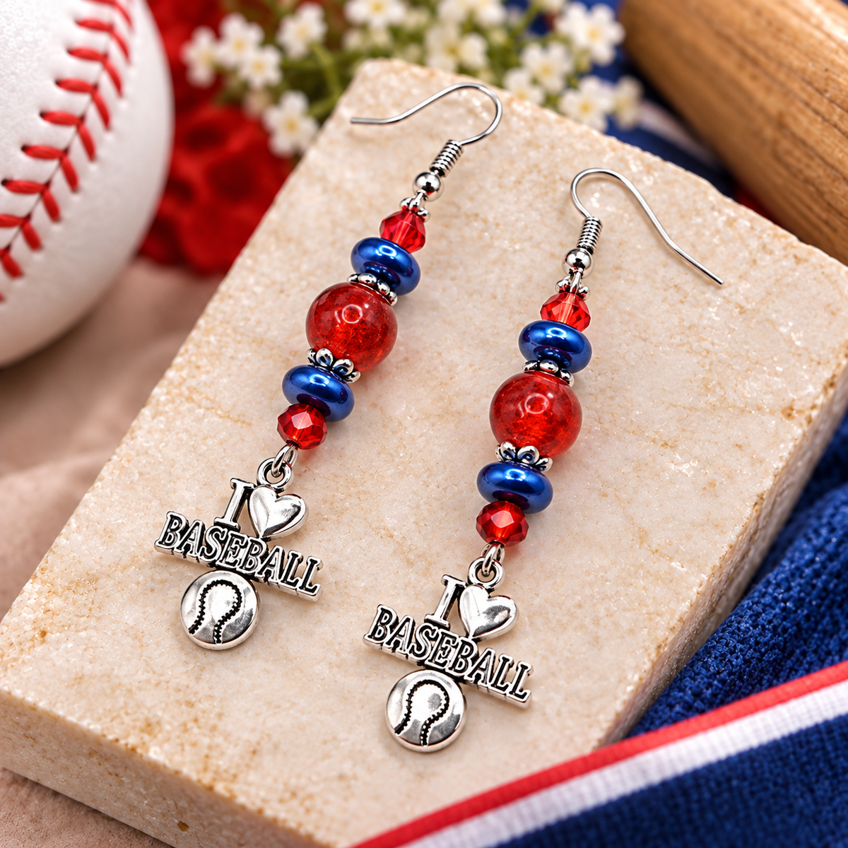 Baseball earrings with I Love Baseball charms styled with baseball theme