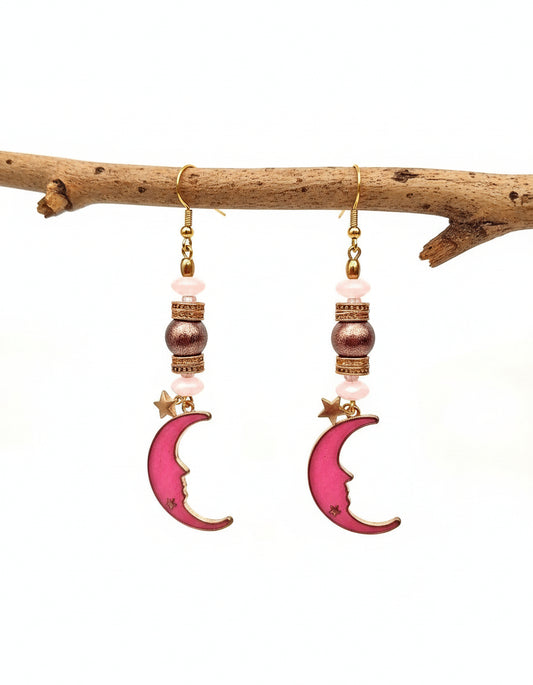 Moon Face Enamel Earrings - Long Celestial Design | 3.25 Inches