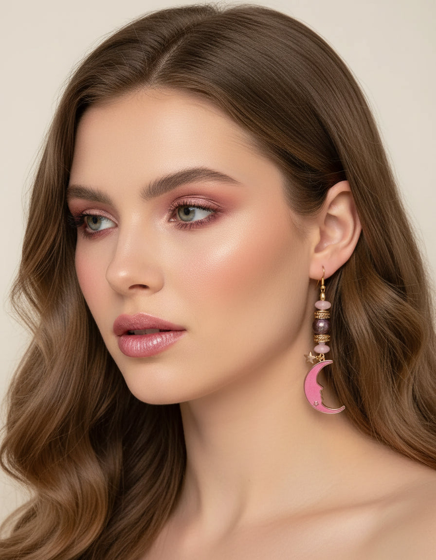 Moon Face Enamel Earrings - Long Celestial Design | 3.25 Inches