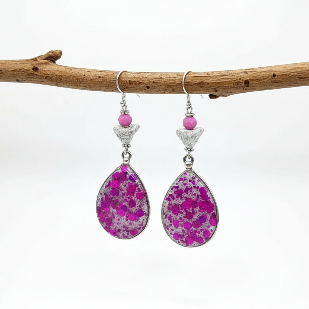 Pink Resin Drop Earrings - Handcrafted Floral Design | 2.5 Inches