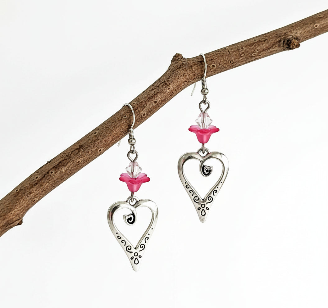 Pink Lucite Heart Earrings - Silver Accents Multiple Colors | 2 Inches