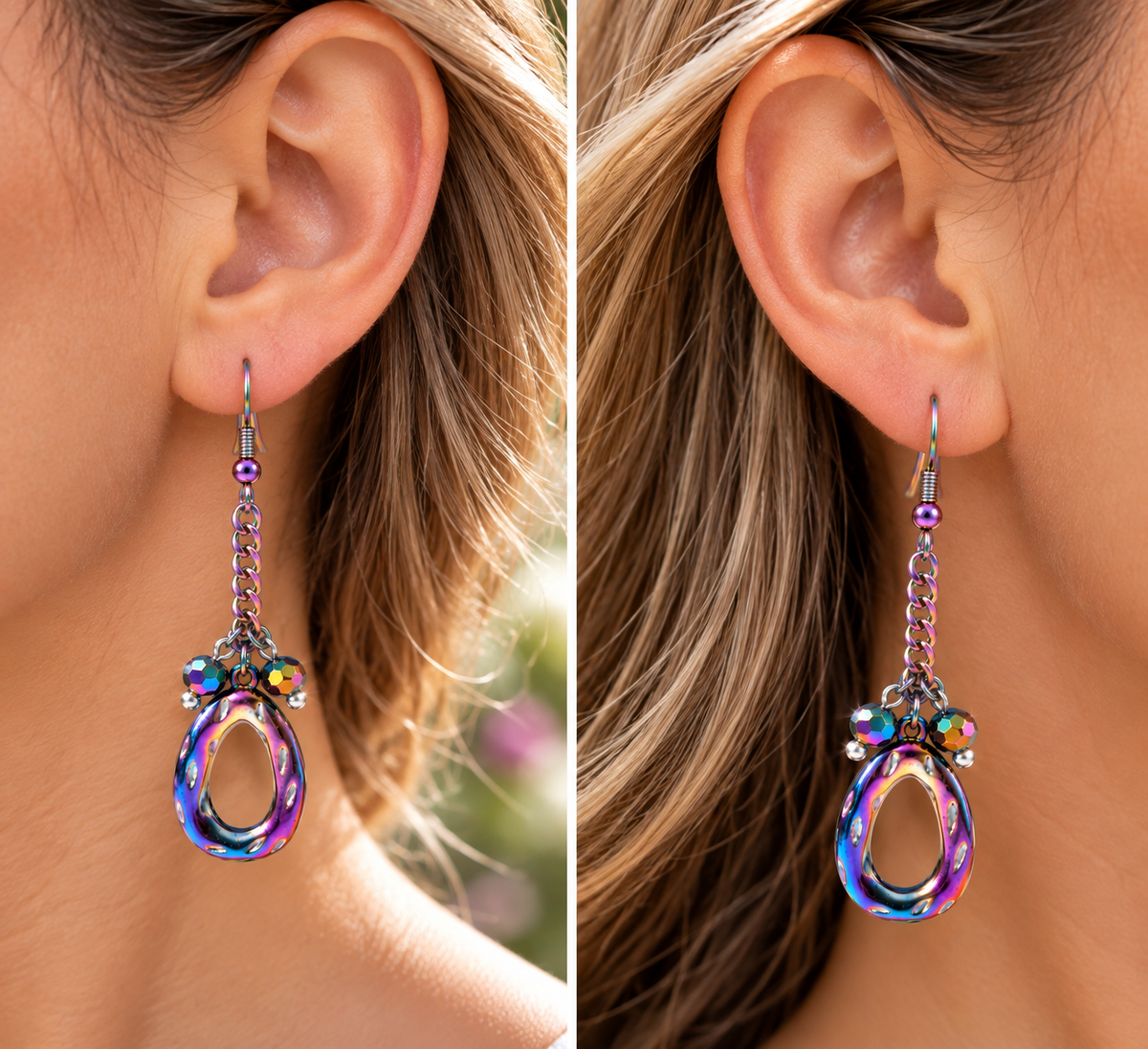 Woman wearing rainbow chain oval dangle earrings with iridescent crystal beads